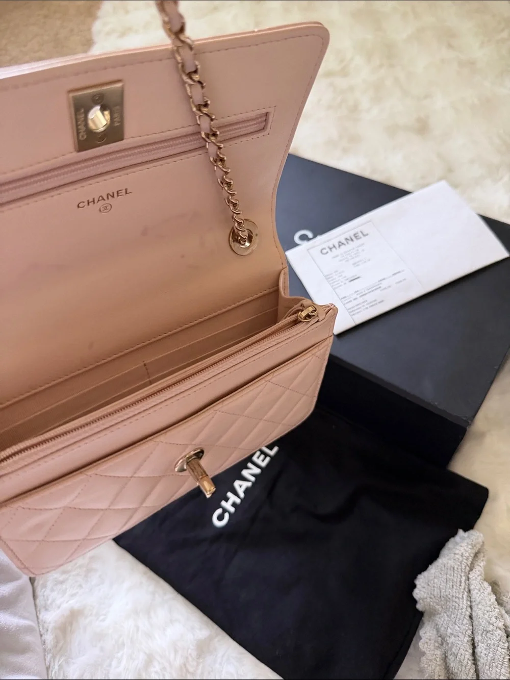 CHANEL Quilted lamb skin beige O- mini Bag with Gold Hardware